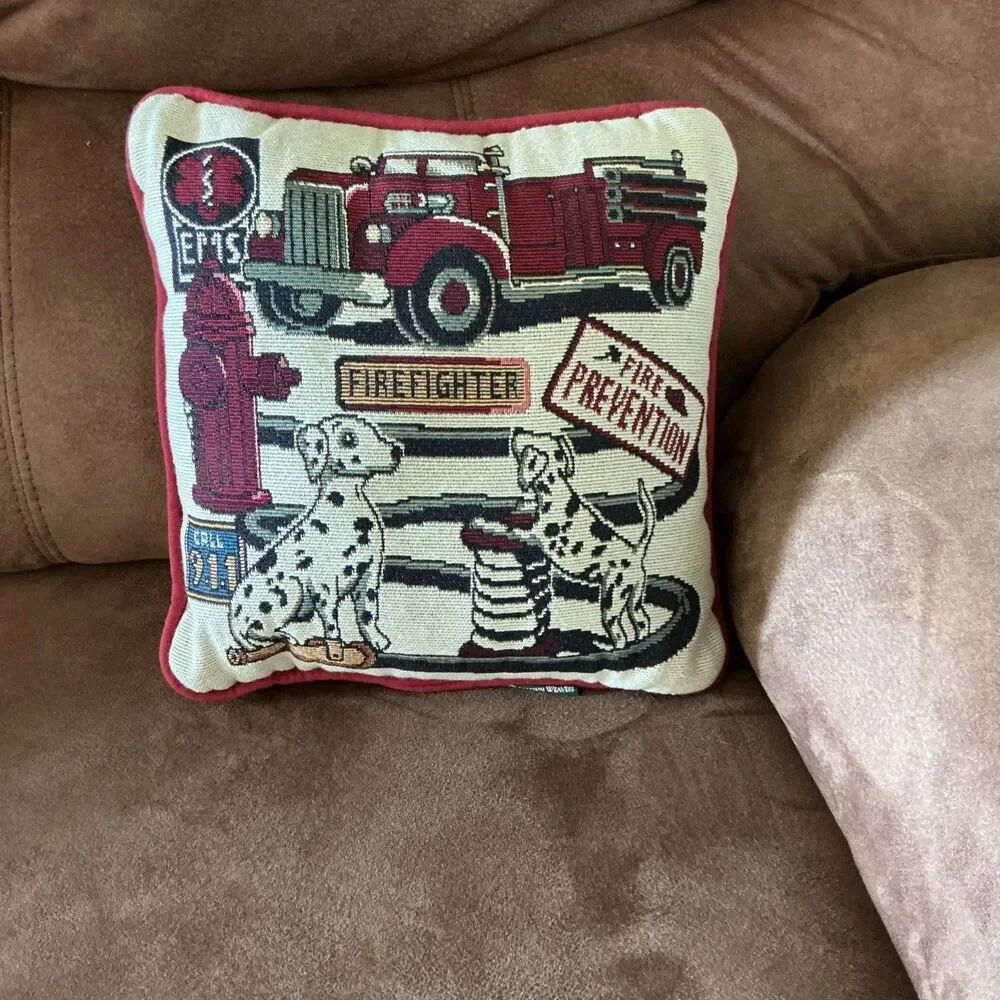 Vtg Goodwin Weavers Firefighter Dalmatian Tapestry Throw Pillow Woven 911 EMS